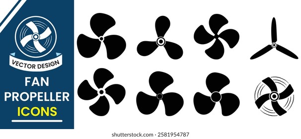 Silhouette of fan propeller, Fan propeller icon, vector set. Fan sign, symbols isolated on a white background. Cooling fan Vector illustration.