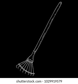 Silhouette of a fan rake with a long handle on a black background. Garden tools. Folding rake. Vector illustration.