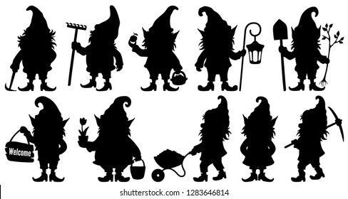Silhouette fantastic gnome in the garden and in search of treasure. Laser cutting poses fairytale dwarf elf. Isolated vector illustration on white background.