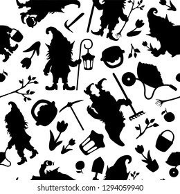 Silhouette fantastic gnome in the garden and in search of treasure. Background fairytale dwarf elf. Vector seamless pattern.