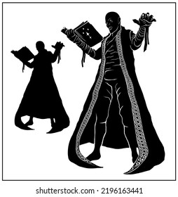 Silhouette de un personaje de fantasía en pleno crecimiento, sin antecedentes. Un joven mago, aprendiz de magia oscura con dientes afilados en una bata larga sin mangas con un libro en la mano, segunda ilustración.