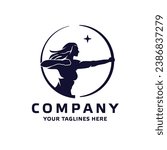 Silhouette of a fantasy female warrior archer aiming at her target from a distance