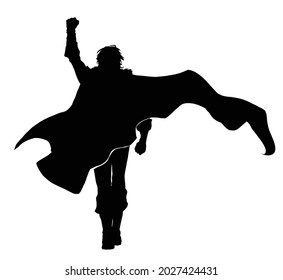 The silhouette of a fantasy hero with a long cloak fluttering in the wind, he confidently goes forward raising his fist up 2d black and white illustration