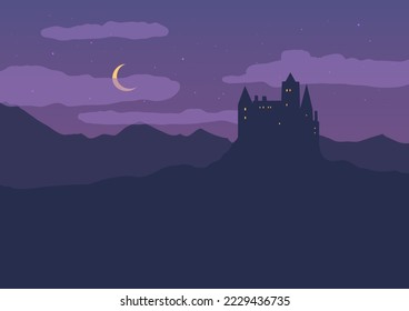 Silhouette of Fantasy, magic
 castle on the hill against moonlight sky with soft clouds texture. Fantasy night, starlight, fairytale castle at mountain