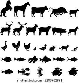 Silhouette Farm Animals Vector Isolated On White Cattle And Poultry Rural landscape icon with trees, 
plants and farms.