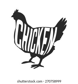 Silhouette of farm Hen black with text inside on white background isolated. Vector illustration