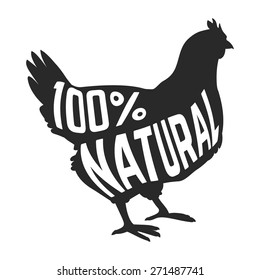 Silhouette of farm Hen black with text inside on white background isolated. Vector illustration