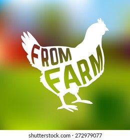 Silhouette of farm Hen with text inside on blur background isolated. Vector illustration