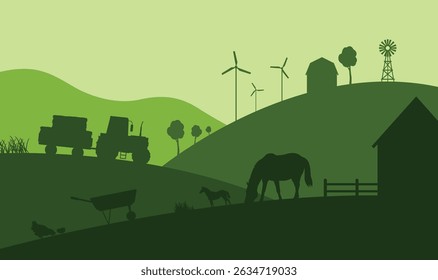 Silhouette of a farm with horses, chickens, barns, tractor and other elements. Agriculture. Harvest.