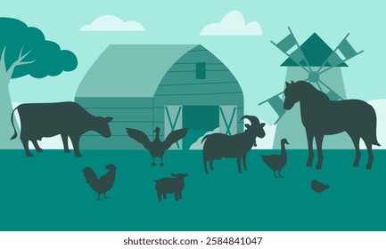Silhouette farm scene with animals, barn, mill