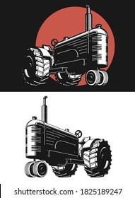 Silhouette farm tractor vintage isolated vector logo icon illustration on black and white style