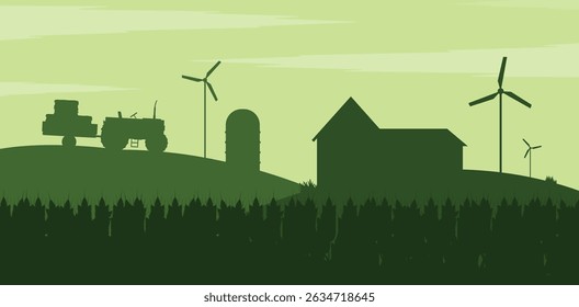 Silhouette of farm with wheat, tractor, barn and windmills. Harvesting. Agriculture. Farm.