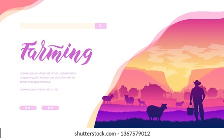 Silhouette of farmer with backet standing next to sheep on pastoral background. Rural landscape with domestic animals grassing on meadow near ranch. Concept of working and living at farm. Copy space.