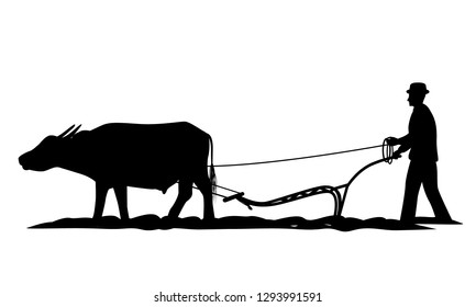 silhouette farmer with buffalo vector design