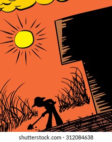 Silhouette of farmer digging in ground next to building