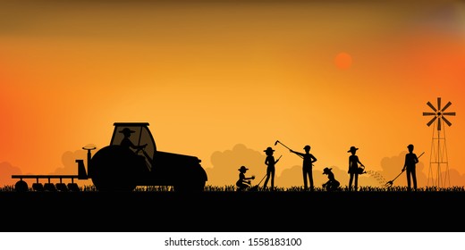 Silhouette of farmer driving a tractor and planting seedings plants vegetables in farmed land, agriculture farmhouse vector illustration.