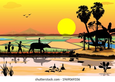 silhouette farmer go to paddy field vector design
