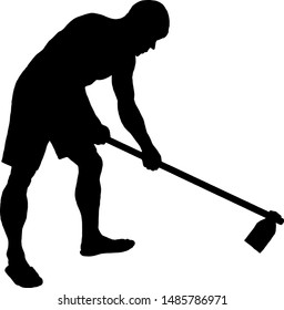 Silhouette of a farmer with a hoe. Vector illustration. 