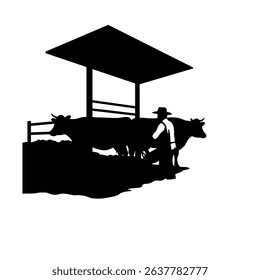 Silhouette of Farmer Milking Cow - Traditional Agriculture