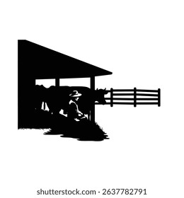 Silhouette of Farmer Milking Cow Traditional Agriculture