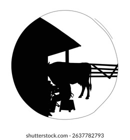 Silhouette of Farmer Milking Cow Traditional Agriculture