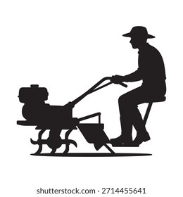 Silhouette of farmer operating a tiller machine agriculture