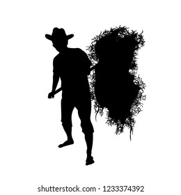 Silhouette of farmer with a pitchfork collecting hay. Vector illustration isolated on white background