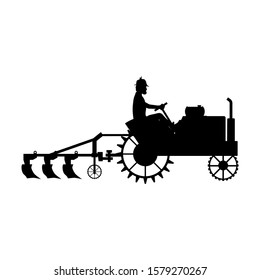 Silhouette of farmer plow the land with an old tractor. Vector illustration isolated on white background