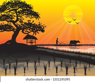 silhouette farmer plow in paddy field vector design
