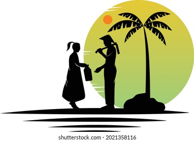 Silhouette of a farmer in a rice field illustration design