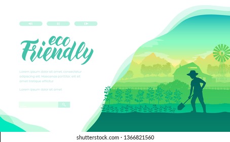 Silhouette Of Farmer In Straw Hat With Shovel Digging, Planting. Man Doing Agricultural Work, Care For Harvest Against Green Countryside Background. Concept Of Eco Friendly, Organic Food. Copy Space.