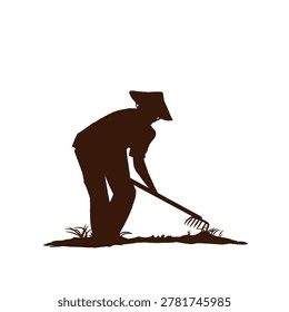 silhouette of a farmer wearing a conical hat plowing a rice field