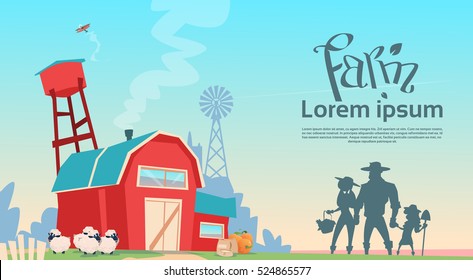 Silhouette Farmers Family Building Farmland Countryside Landscape Flat Vector Illustration