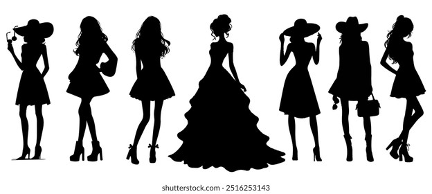 Silueta de mujeres de moda en varias poses con estilo, usando vestidos, sombreros y tacones altos. Perfecto para proyectos de diseño de moda, marca de ropa y exhibición de arte creativo.