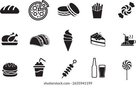  silhouette fast food icons in vector style. Includes pizza, burger, fries, chicken, taco, cake, ice cream, coffee, soda, kebab, candy, and Fully scalable and editable for both digital and print use