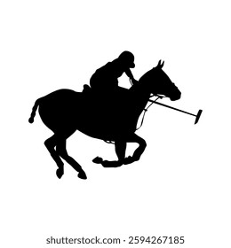 Silhouette of a fast Polo rider holding a mallet, horse sport