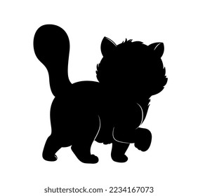 Silhouette of fat cat. Charming kitten walks. Mascot or toy for children. Stylish logotype for company or organization, branding. Poster or banner for website. Cartoon flat vector illustration