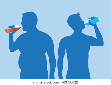 Silhouette Fat Man drink soda but healthy man drink pure water. illustration about health care.