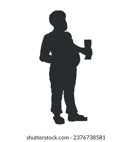 Silhouette of a fat man with a glass of beer. A plump guy with a beard in home clothes. Isolated image of a lazy man with a big stomach. Vector illustration