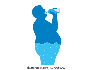 Silhouette of fat Man with water in his body lifting a water bottle and drinking to quench his thirst. Concept Illustration about energy and Appetite.
