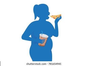 Silhouette of fat people eating pizza and soda drink. Illustration about fast food make people overweight.