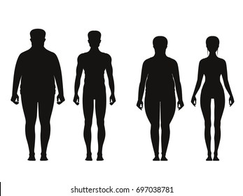 Silhouette Of Fat And Thin Peoples. Weight Loss Of Overweight Man And Fat Woman. Vector Illustrations Isolate