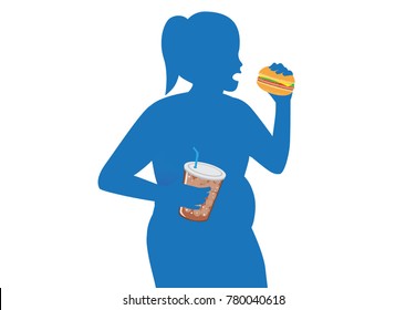 Silhouette of fat woman eating a hamburger and carbonated drink. Illustration about fast food and health.