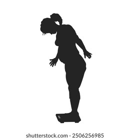 Silhouette of fat woman on the scale. An overweight girl looks at his weight. Isolated drawing of unhappy adult leading an unhealthy lifestyle. Lady with a big belly side portrait. Vector illustration