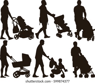 silhouette of father with baby stroller