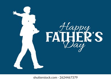 Silhouette of father carrying child on shoulders. Happy Fathers Day greeting with solid blue background. Parenting, joy, family bond, and fatherhood celebration concept.