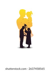 Silhouette of a father carrying his little girl, with a shadow showing her future as a graduate. A concept of growth, love, and parental support.
