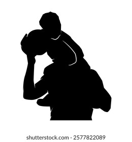 Silhouette of a father carrying his son on his back having fun while holding a ball, World father's day