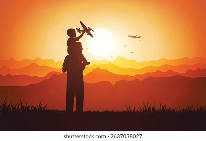 Silhouette of a father carrying his son who’s flying a toy airplane under the sunset. A heartwarming image of childhood dreams and family bonding.