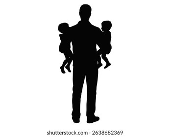Silhouette of a father carrying his son in two arms